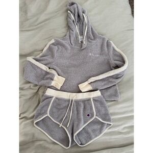 Champion Cozy Fleece Lounge Set Hoodie Shorts Gray Cream Trim Size S M L